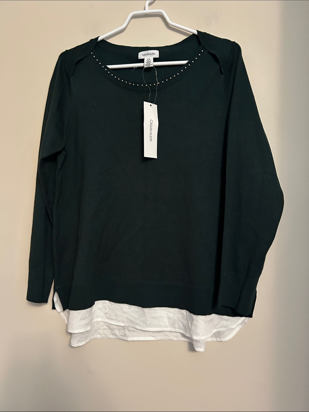 Calvin Klein new rayon/nylon dark green pullover sweater with beaded trim size L